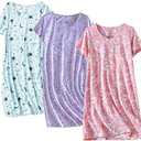 PNAEONG 3 Pack Women's Cotton Nightgown Sleepwear Short Sleeves Shirt Casual Print Sleepdress, L