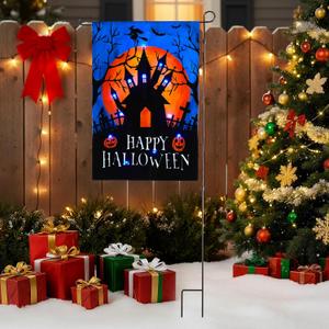 LED Christmas Haunted House Garden Flag Stake, Solar-Powered Double-Sided Outdoor Decor, Scary Yard Flag for Patio Lawn Thanksgiving Party Winter Holiday Decorations & Gifts