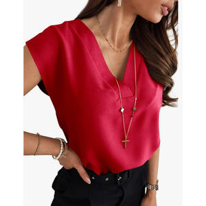 Women's Chiffon Blouses Cap Sleeve Shirts Casual Loose Work Office Solid Tops Rose Red S