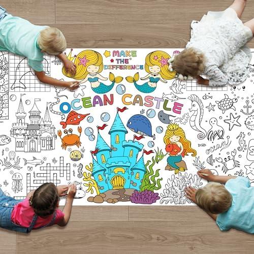 Pack Of 2 Mermaid Tablecloth & Giant Coloring Poster 30x72 Inch - Large Coloring Sheets for Kids with Underwater Adventure Games, Mermaid Themed Activities for Birthday, Classroom, Home Party Decor
