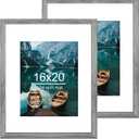 16x20 Frames Set of 2, Rustic Grey Wood Style - Display 16 x 20 Picture without Mat or 11x14 Picture with Mat, Wall Mounting Horizontal and Vertical