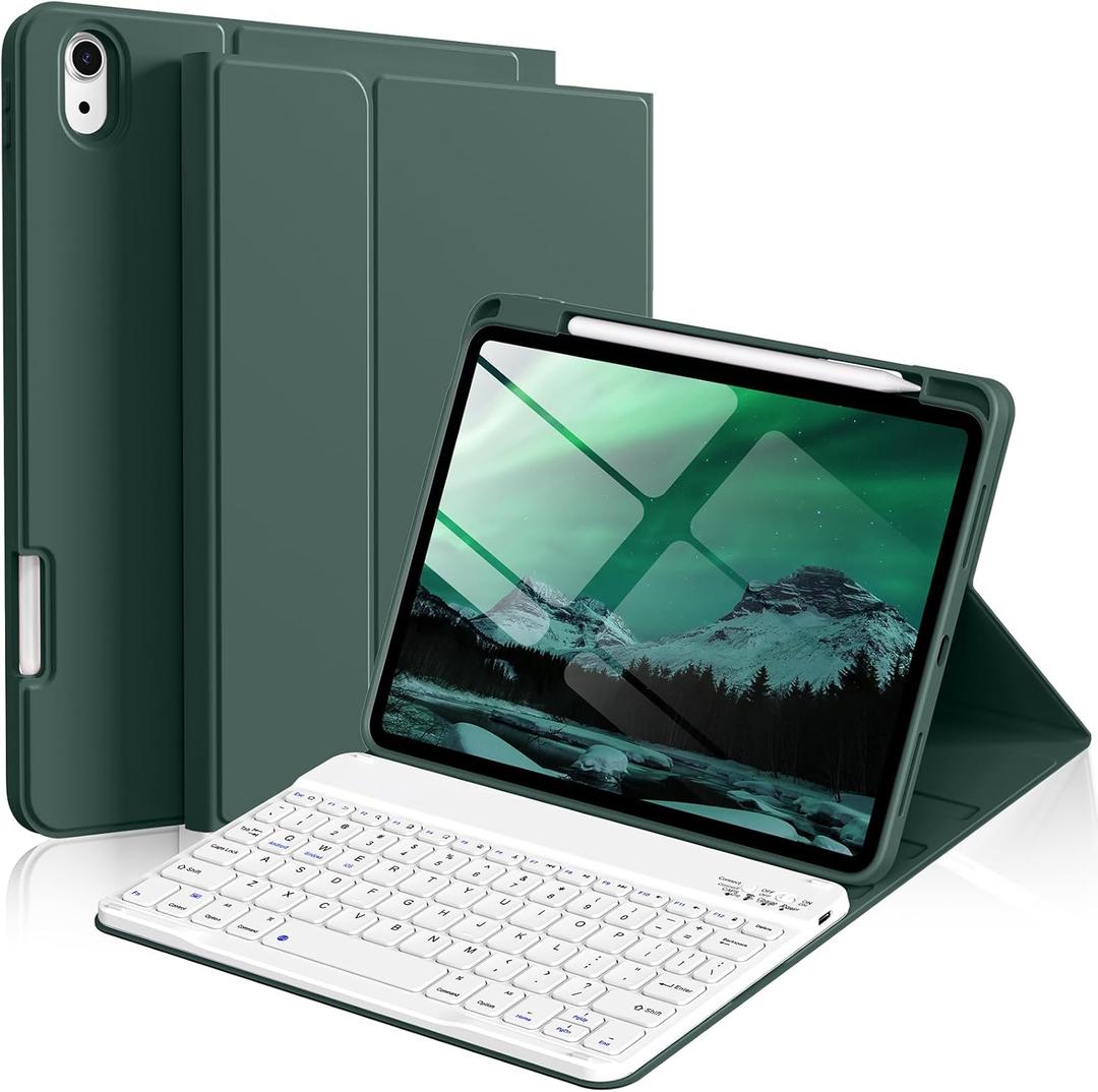 kenke for iPad 11/10th Gen Case with Keyboard 11/10.9 inch 2025 A16/2022, Detachable Folio Wireless Bluetooth Keyboard Case with Right Side Pencil Holder, White Square Keycaps (Dark Green)