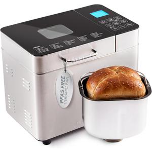 Elite Gourmet Programmable 2-Lb Bread Maker, PFAS Free Ceramic Ceralast Pan, Touch Screen Control Panel, 19 Functions, Gluten Free, White, Wheat, Rye & More, 3 Loaf Sizes, Stainless Steel