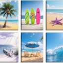 6 PCS Beach Picture Wall Art for Home Decor Beach Poster Summer Wall Decor Surfboard Starfish Waves Palm Tree Canvas Prints for Living Room Decorations 12 ×16 in*6(Framed)