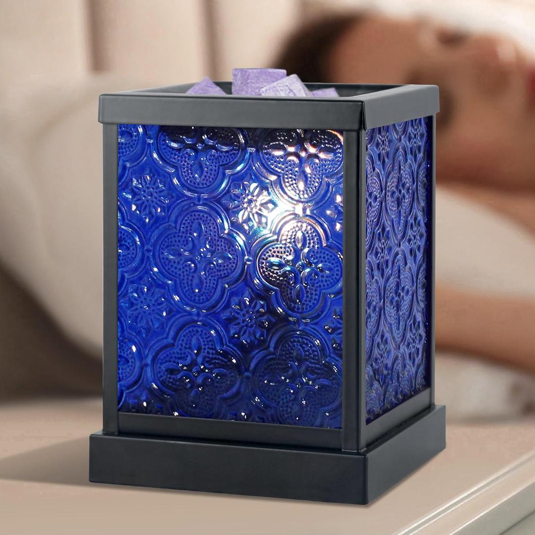CVHOMEDECO. Moroccan Electric Wax Melt Warmer Decorative Candle Warmer Burner for Scented Candles, Wax Melts and Tarts to Freshen Room, Idea for Home and Office Decor., Square, Cobalt Glass