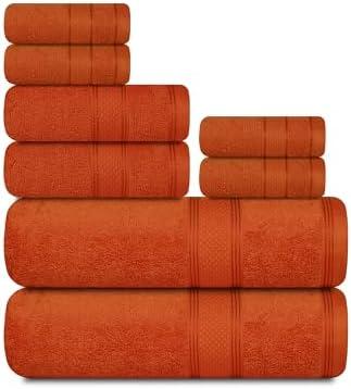 Casa Lino Bath Towel Set of 8 (2 Bath Towels, 4 Wash Cloths & 2 Hand Towels for Bathroom) - 100% Cotton - Highly Absorbent & Quick Dry - Guest Room Essentials for Bathroom Set - Coral Orange
