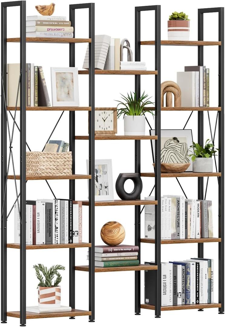 NUMENN Triple Bookshelf, 5-Tier Bookcase with 14 Display Shelves, Vintage