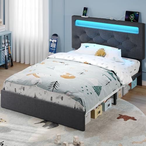 Rolanstar Twin Bed Frame with Charging Station, LED Bed with Under Bed Storage, Adjustable Headboard 38.9/40.8 Inches, No Box Spring Needed, Noise Free, Easy Assembly, Grey