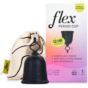 Flex Cup Starter Kit (Full Fit - Size 02) | Reusable Menstrual Cup + 2 Free Menstrual Discs | Pull-Tab for Easy Removal | Tampon + Pad Alternative | Lasts up to 10 Years | Capacity of 3 Super Tampons