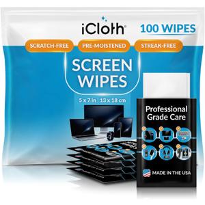 iCloth Large Screen Cleaning Wipes for Electronics, Lint-Free and Streak-Free, Fast-Drying, Removes Dust, Fingerprints, and Smudges (100 Wipes)