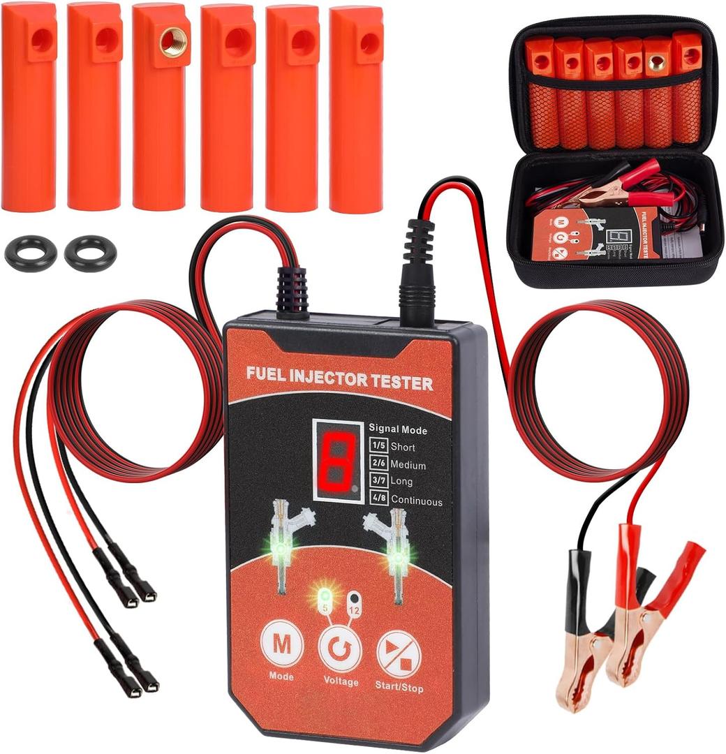 Universal Fuel Injector Tester Cleaner Tool Kit, 6 Size Cleaning Adapters 8 Pulse Modes Injector Tester 12V/5V Output Power Drive, 4 Wire Dual Channel DIY Fuel Injector Cleaner Tools
