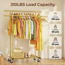 HYSEYY Double Rods Clothes Rack, Sturdy Rolling Clothing Rack, Portable Clothing Racks for Hanging Clothes - Metal Garment Rack Wardrobe Coat Rack for Bedroom Laundry Living Room, Gold