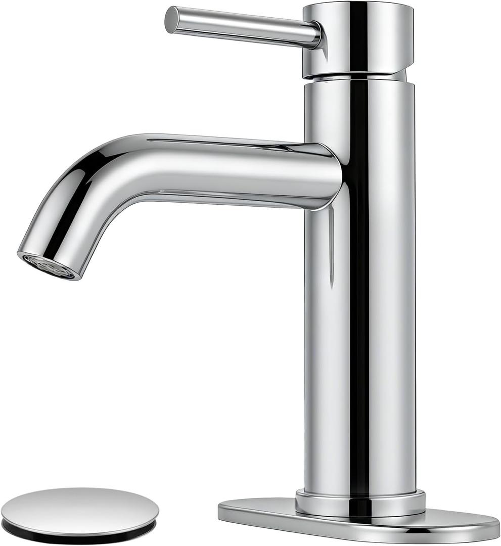 Bathroom Faucets Chrome Bathroom Sink Faucet Modern Single Handle Bathroom Faucet for 1 or 3 Hole Mxier Tap Washbasin Faucet with Deck, Pop-up Drain and Supply Hoses
