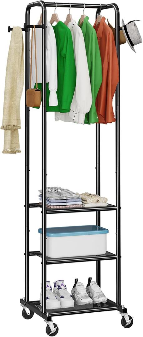Heavy Duty Clothing Rack on Wheels, Small Clothes Rack for Hanging Hat, Coats, Skirts. Rolling Garment Rack with 3 Tier Mesh Metal Storage Shelves and 4 Hooks, Black