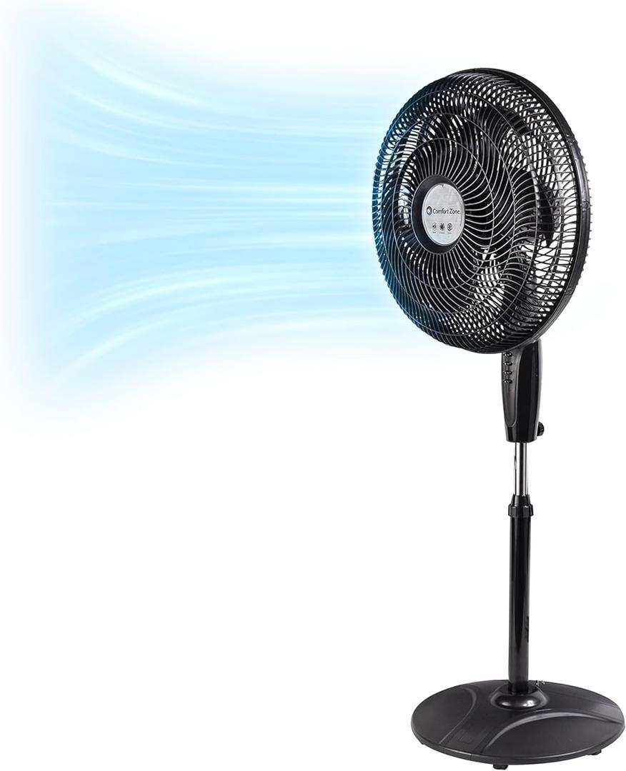 Comfort Zone PowrCurve Oscillating Pedestal Stand Fan, 18 inch, 6 Blades, Tri-Curve Grill for Reduced Noise, 180 Adjustable Tilt, Button Control, Ideal for Home, Bedroom & Office, CZST180BK (Black)