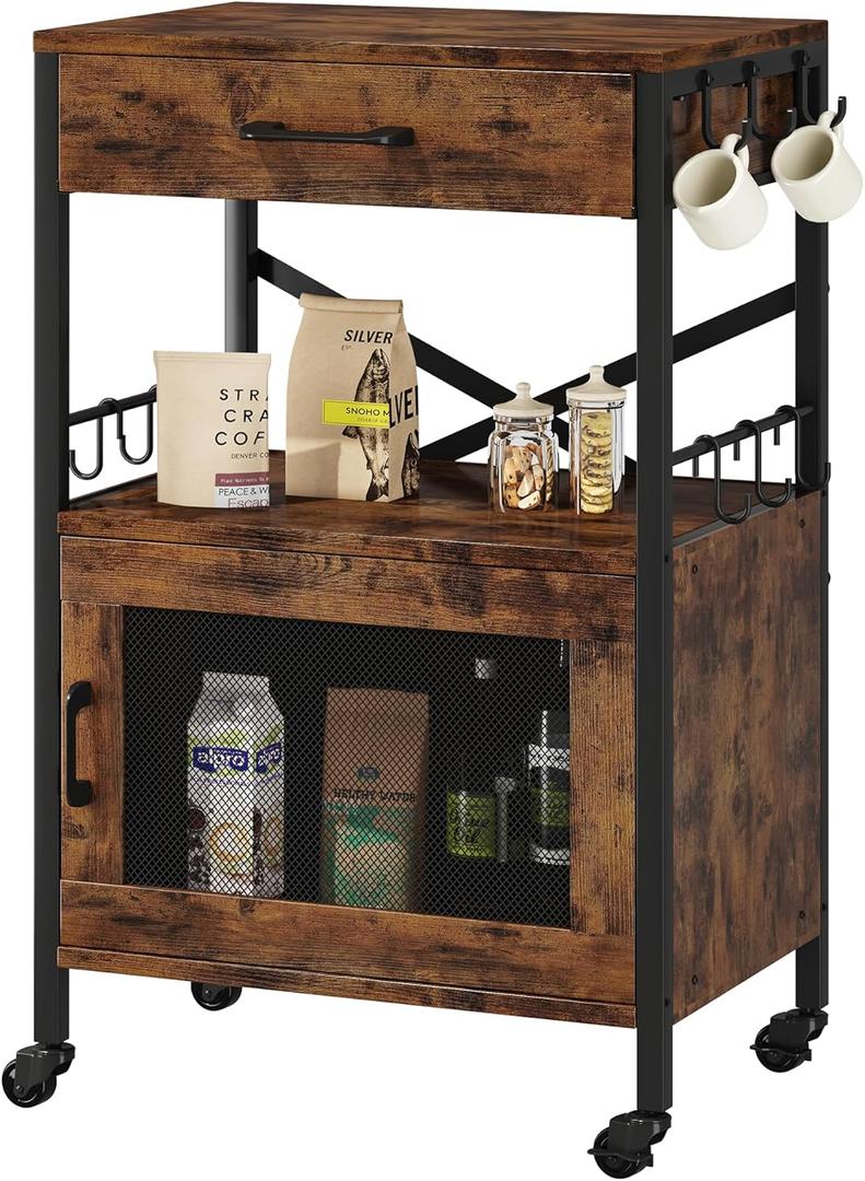 Homeiju Kitchen Island Cart, Kitchen Storage Cart with Drawer, Microwaves Stand, Coffee Cart, Rolling Kitchen Cabinet Cart with Hooks for Kitchen, Dining Room (Black and Brown)