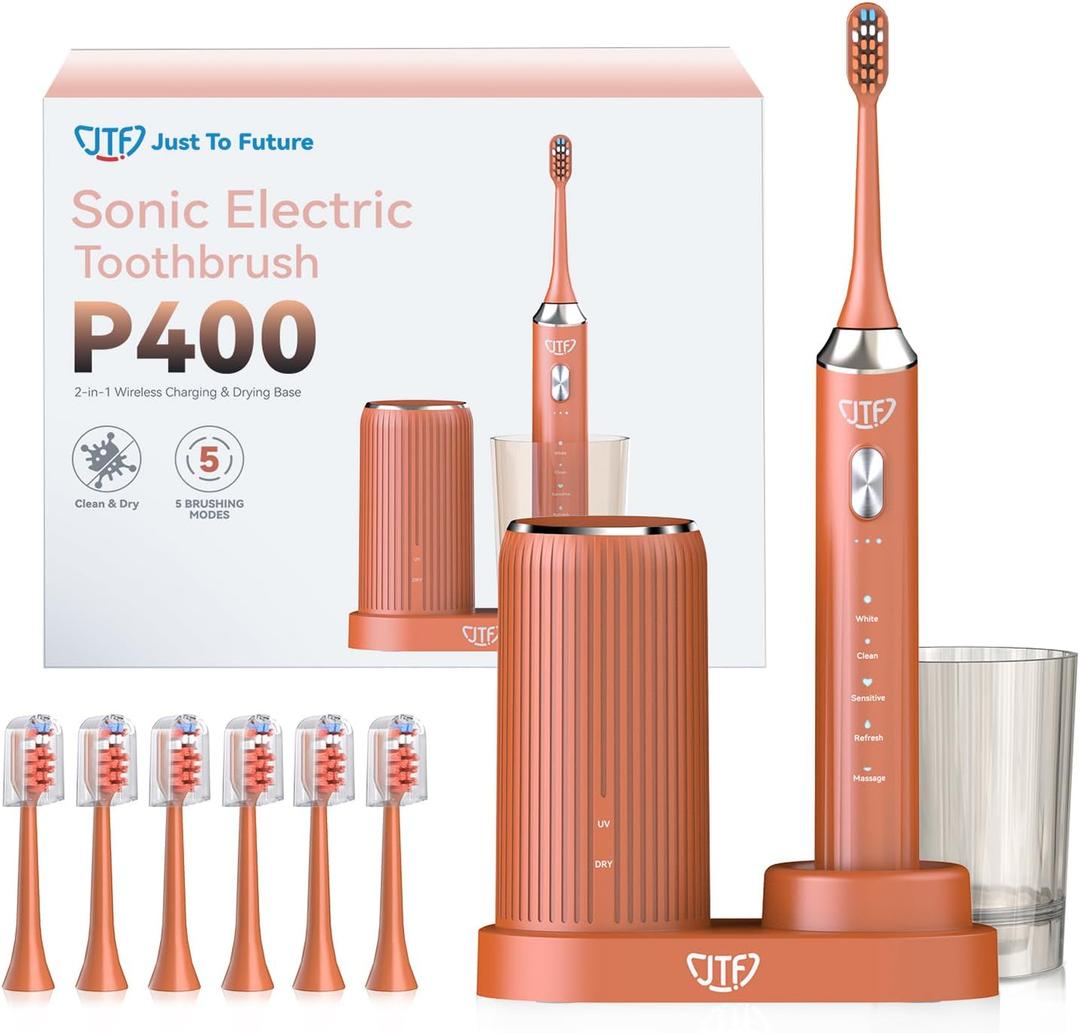 JTF Sonic Electric Toothbrush with UV Sanitizing & Drying: 5 Modes for Effective Yet Gentle Cleaning with 6 Brush Heads, Rinse Cup, Wireless Charging Base, Rechargeable for Daily Care, Home & Travel