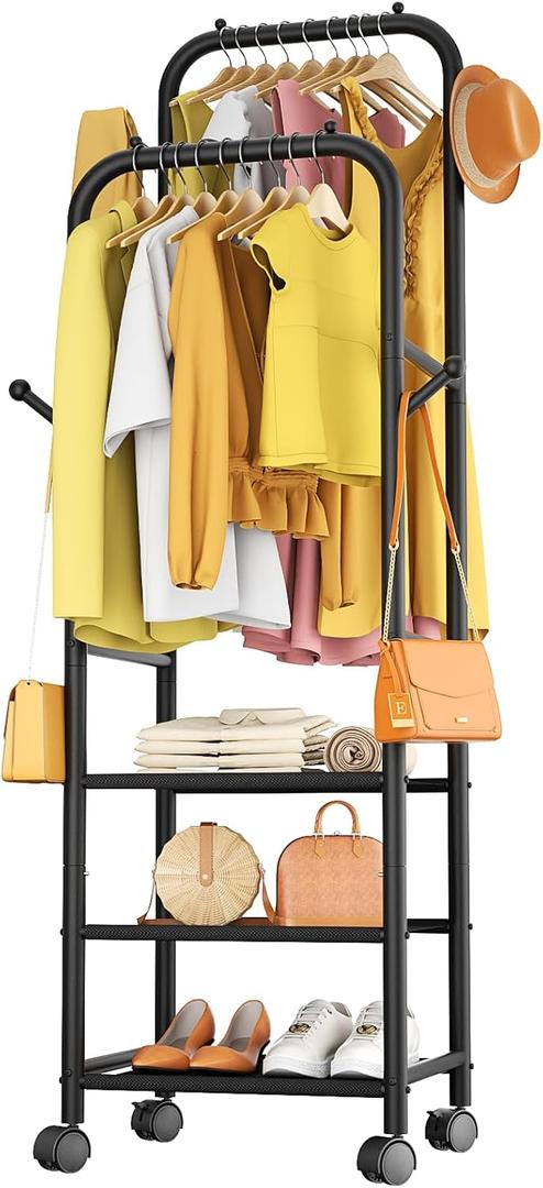 Furologee Rolling Clothing Racks for Hanging Clothes, Double Rods Clothes Rack With Wheels, Sturdy Coat Racks,Portable Metal Garment Rack for Bedroom Laundry Living Room, Black