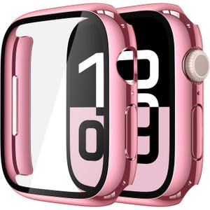 Misxi 2 Pack Tempered Glass Case Compatible for Apple Watch Series 11 (2025) Series 10 46mm, Hard PC Screen Protector Overall Protection Scratch-Resistant Cover for iWatch, 1 Rose Pink + 1 Transparent