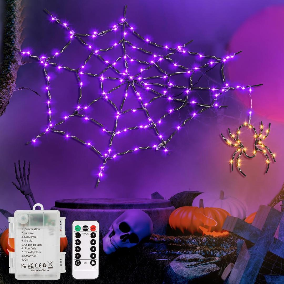Halloween Window Lights, 19.68 Spider Web Window Lights, 8 Modes Battery Operated Halloween Light with Remote Timer, Waterproof Window Silhouette Light for Indoor Ourdoor Door Yard Decor