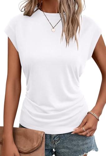 Bliwov Womens Summer Tops Cap Sleeve Crew Neck T Shirts Spring Trendy Fashion Outfits Business Beach Vacation Blouses Clothes White XL