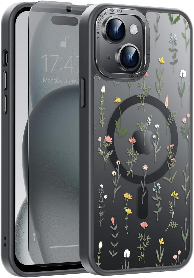 Goodon for iPhone 15 Plus Case with Privacy Screen Protector, Compatible with Magsafe, Shockproof Translucent Matte Cover - Cute Floral Design Phone Case for Women and Girls - Elegant Flower Leaves