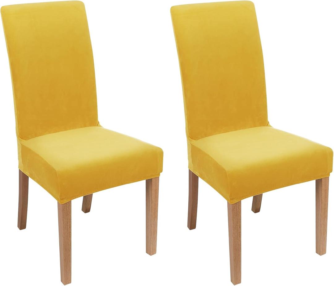 Smiry Velvet Stretch Dining Room Chair Covers Set of 2, Soft Removable Washable Chair Slipcovers Kitchen Parsons Chair Protector, Mustard Yellow