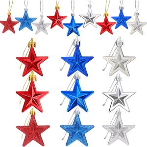 JULMELON 36Pcs Patriotic Star Ornaments Memorial Day Independence Day Labor Day Veterans Day Decorations for Home Party Christmas Tree Decor, Blue Red and Silver