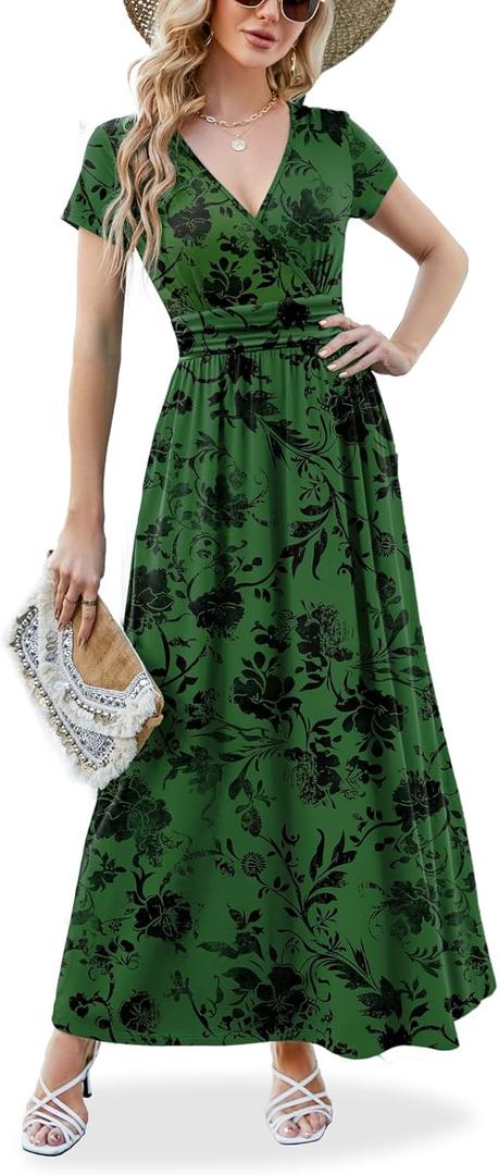 ANRILITA Maxi Dress for Women Wrap V Neck Short Sleeve Empire Pleated Waist Summer Casual Elegant Long Dresses with Pockets (XX-Large, Green Black)