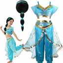 Girls Jasmine Arabian Princess Cosplay Costume with Wig - Halloween Party Dress Up for Kids (120(4-5T))
