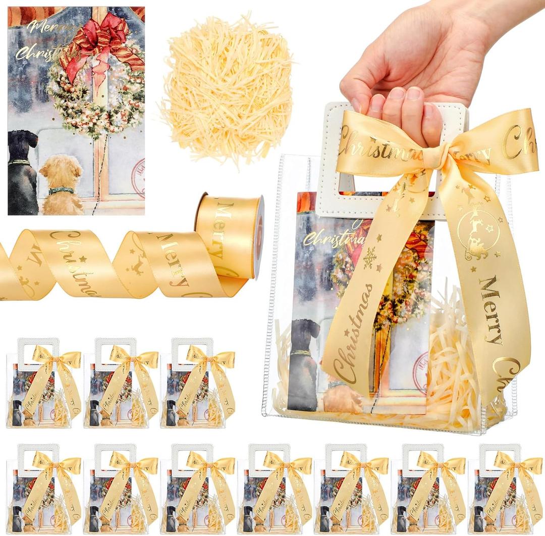 12 Pack Small Christmas PVC Clear Gift Bags with Handles Christmas Gift Bags 12 Cards 1 Ribbon 1 Bag of Raffia Fill Paper for Xmas Gifts Wrapping Holiday Party Favor, 7 x 6.3 x 3.15''(Golden)
