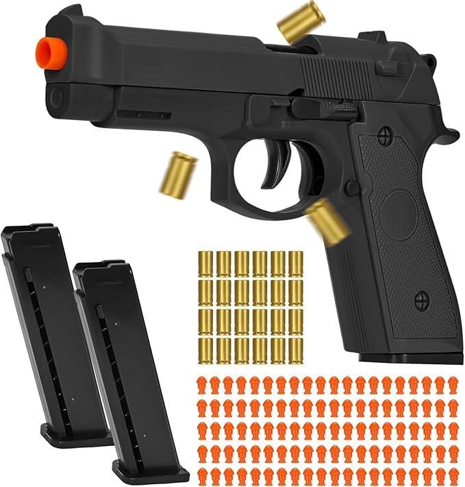 Automatic Shell Ejecting Toy Gun with 100 Soft Bullets,24 Shells & 2 Magazines,Realistic Toy Gun Pistol,Christmas Birthday Gifts for Kids Adults Boys Age 8+(Khaki)