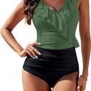 Blooming Jelly Women's Tummy Control Swimsuits Slimming Cute One Piece Bathing Suit Ruffle V Neck Swimwear (Large, Black and Green)