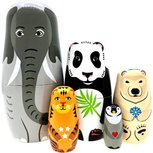 Long-Nosed Elephant Nesting Dolls Wooden Matryoshka Russian Doll Handmade Stacking Toy Set 5 Pieces for Kids