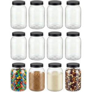 novelinks 32 oz Plastic Mason Storage Jars with Lids, 12 Pack BPA-Free Clear Plastic Jars with Lids 32oz, Leak-Proof Plastic Quart Containers for Kitchen and Home Use (Black)