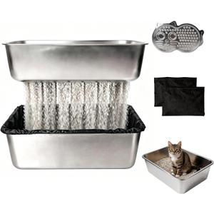 PAWISE 19.7"×13.8"×6" Stainless Steel Sifting Litter Box, XL Sifting Cat Litter Box with High Sides, 201 Metal Sifting Litter Pan for Big Cats & Pine Pellets, Rust-Proof, Anti-Odor,Easy Clean