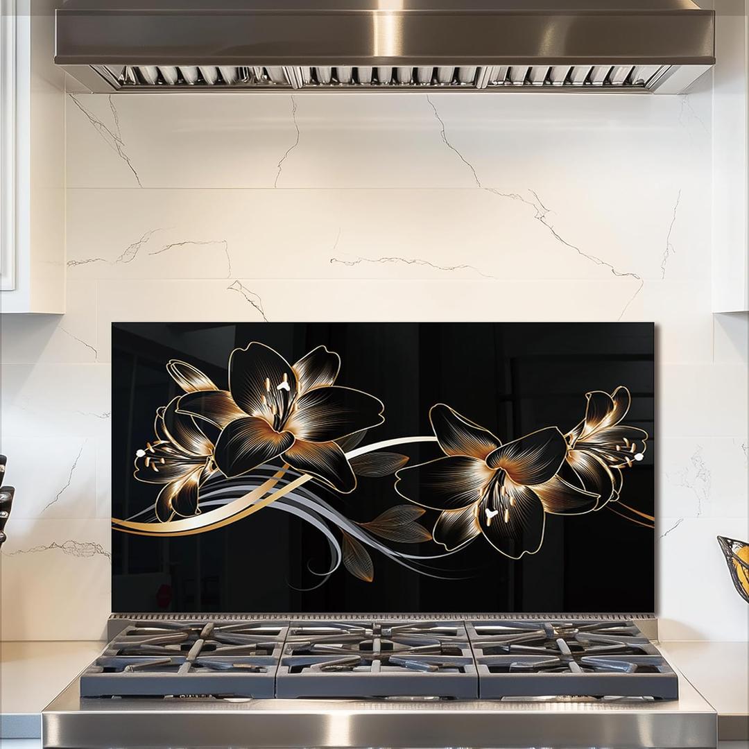 fzxwyishu Tempered Glass Kitchen Backsplash, Stove Back Top Cover, Splashback Tile,Magnolia flowers Kitchen Sink Cover Splash Guard, Home Kitchen Decor (Art Deco 3, 30"x16"(76.2x40.64cm))