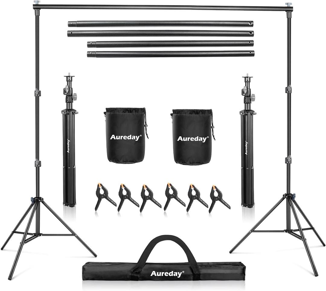 Aureday Backdrop Stand, 10x7 Ft Adjustable Photo Backdrop Stand Kit with 4 Crossbars, 6 Background Clamps, 2 Sandbags, and Carrying Bag for Parties/Wedding/Photography/Festival Decoration