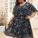 Keluummi Plus Size Summer Wedding Guest Dress for Curvy Women, Casual Boho Floral Empire Waist Midi Flowy Dress with Sleeve (Black, XXXL)