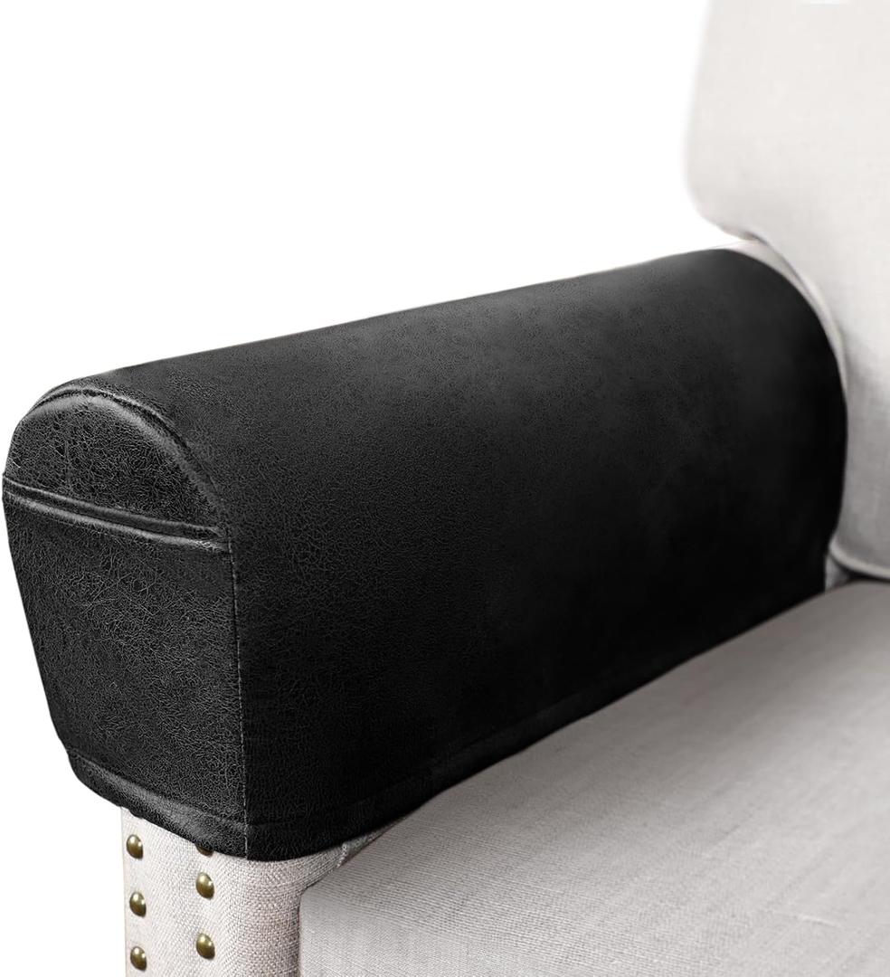 Leather Look Couch Arm Covers Set of 2 Armrest Covers for Sofa Chair Arm Protectors Stretch Armchair Slipcovers with Pockets Washable Spandex Fabric (Medium, Black)