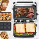Panini Waffle Maker Combo | Panini Grill Press Sandwich Maker, Smokeless Indoor Grill, 1600W, 180 Open, Removable Plates, Stainless Steel, Ideal Kitchen Gift for Steak, Hamburger, Waffle