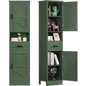 TEENFON 67" H Tall Bathroom Storage Cabinet with Barn Doors and Drawer, Narrow Bathroom Cabinet, Narrow Storage Unit, Adjustable Shelves, Floor Cabinets for Living Room, Forest Green, 11.8"D x 15.8"W x 67"H
