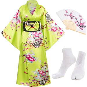 Japanese Anime Women's Kimono Robe Geisha Yukata Sweet Dress Blossom Satin Bathrobe Sleepwear Fans Tabi Socks Set (Green) One size