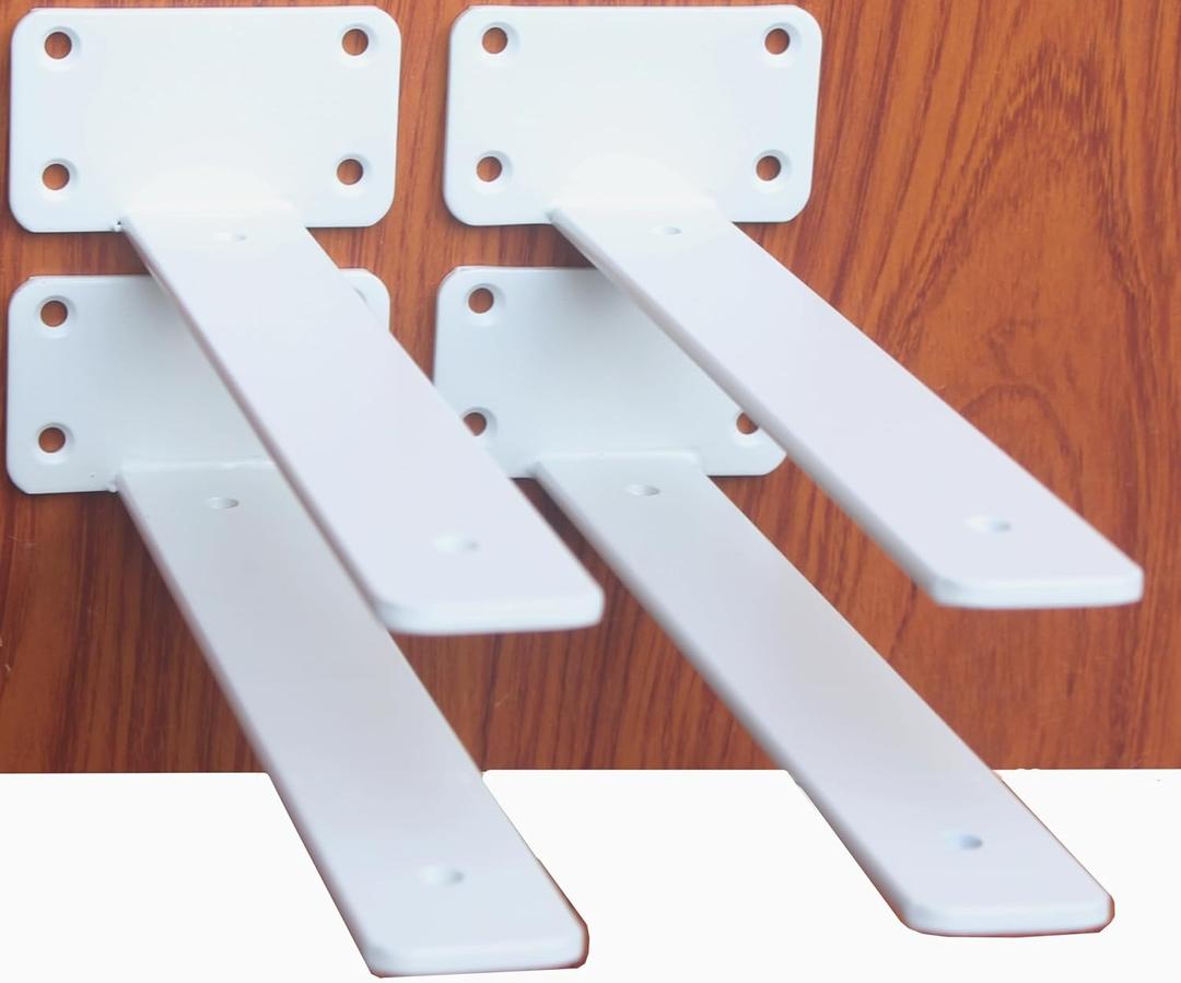 4 Pack - 8 inch White Hidden L Shelf Bracket (1/5 Inch Thicked) Iron Floating Shelf Brackets Rustic Industrial Metal Brackets for Shelf Support