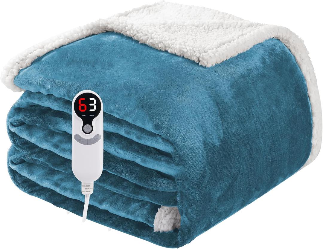 Electric Heated Blanket Twin Size 62"x84", Soft Flannel with Overheat Protection, 9 Adjustable Heat Settings & 10-Hour Auto-Off Timer, Fast Heating for Winter Comfort, for Living Room & Sofa, Blue