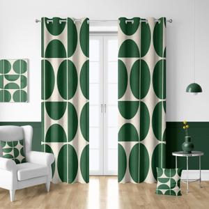 Green and Beige Modern Geometric Blackout Curtains, Mid Century Retro Abstract Curtains for Bedroom, Boho Unique Semi Circle Pattern Insulated Shading Room Window Drapes 2 Panels Set, 52Wx84L