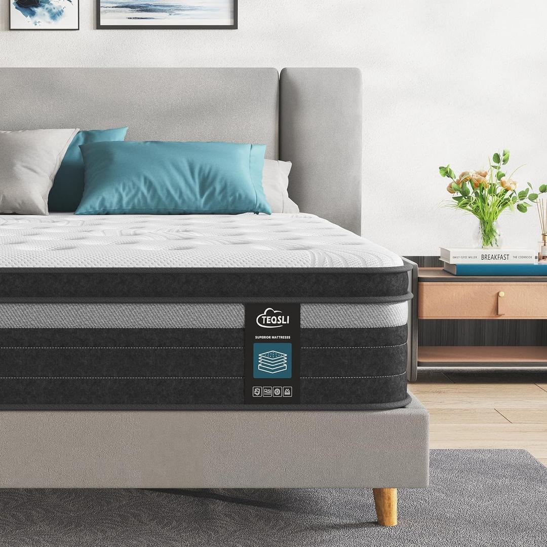 TeQsli Twin Mattress, 12 Inch Gel Memory Foam Hybrid Mattress Twin Size Pocket Springs Mattresses with Motion Isolation & Pain Relief, Medium Firm Support, CertiPUR-US