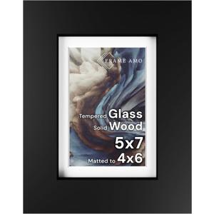 Frame Amo 5x7 Black Solid Wood Picture Frame, White Mat for 4x6 Image, Tempered Glass Front, 1.5 inch Wide, 1 inch Thick, High-End, Heavy-Duty, Gallery Grade & Acid-Free