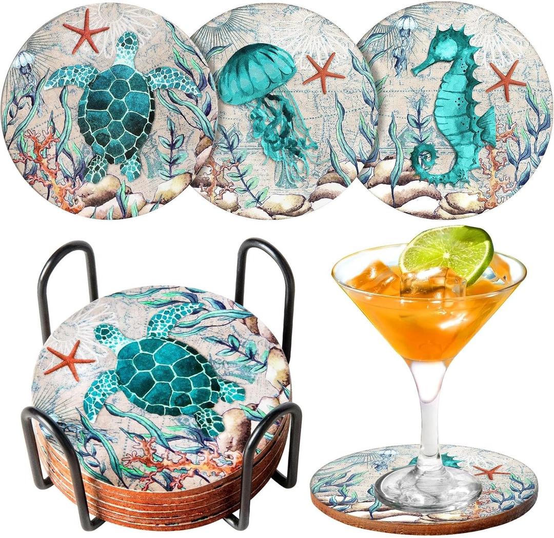 Coasters for Drinks Set of 6 Cork Base Coaster with Holder Sea Ocean Life Coastal Decor Beach Theme Tropical Thick Sturdy Cork Coasters for Housewarming Apartment Kitchen Bar Coffee Table Desk