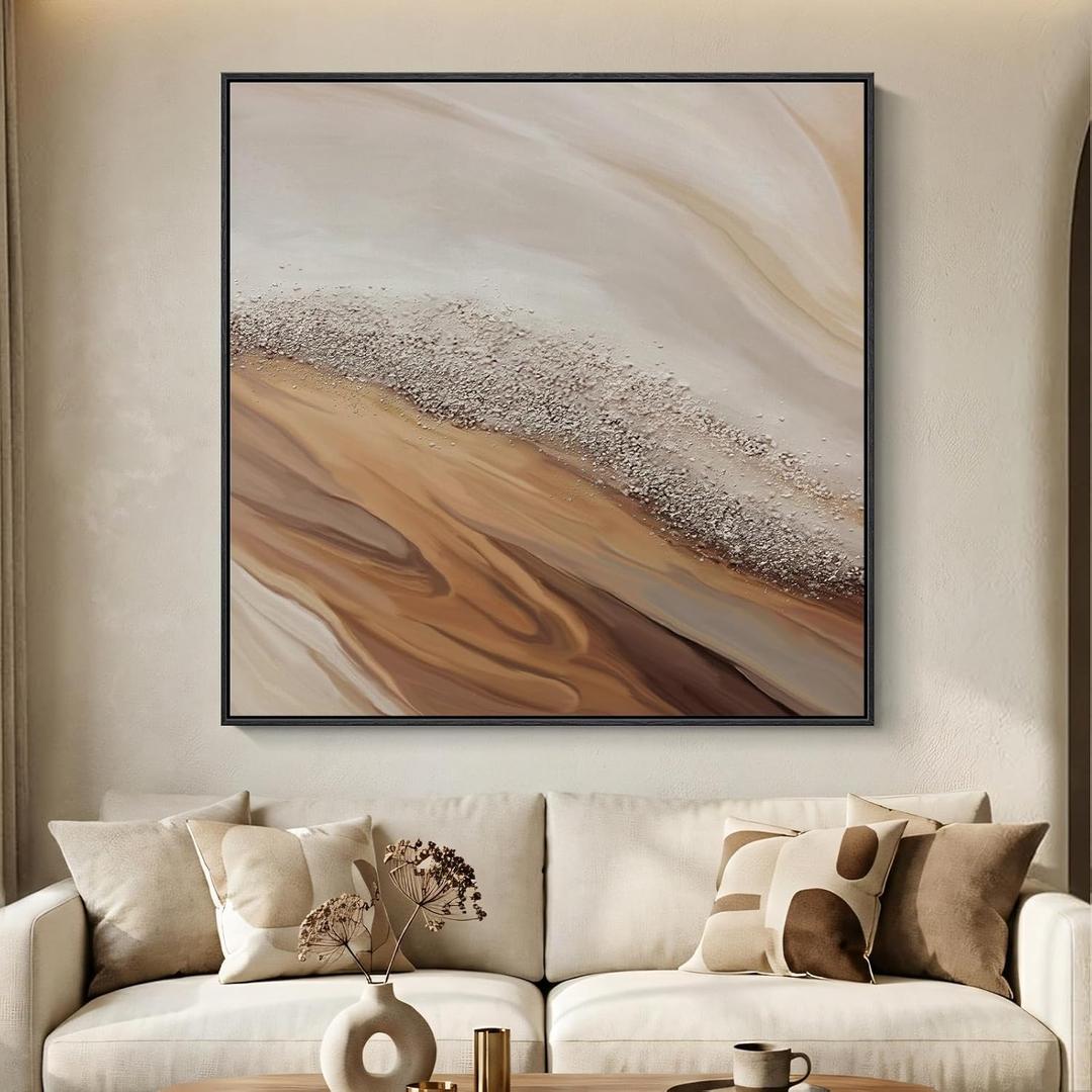 Extra Large Framed Neutral Abstract Wall Art for Living Room, Oversized Square Modern Canvas Prints Paintings, Beige and Earth Tone Pictures for Hallway Dining Bedroom Office Wall Decor 40x40 In